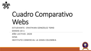 Cuadro Comparativo
Webs
ESTUDIANTE: CRISTHIAN GONZÁLEZ TORO
GRADO:10-1
AÑO LECTIVO: 2020
SENA
INSTITUTO COMERCIAL LA GRAN COLOMBIA
 