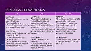 VENTAJAS Y DESVENTAJAS
Web 1.0 Web 2.0 Web 3.0
VENTAJAS:
*Exposición al mundo entero a
través de Internet.
*El presentador de la
información tiene total control y
autoridad de lo publicado.
DESVENTAJAS:
*Su tecnología está asociada con
HTML, JavaScript 1.0
*La comunicación es pasiva
*No se permite
retroalimentación perdiendo la
oportunidad de tener acceso a
información relevante.
VENTAJAS:
*Es un buen método para la
realización de trabajos de
creación, investigación y
desarrollo de la capacidad para
comunicar.
*Las herramientas colaborativas,
generan por si solas equipos de
trabajo.
DESVENTAJAS:
*Más comodidad menos
intimidad.
*Eliminación de la interacción
social física. Requiere equipos y
recursos técnicos.
VENTAJAS:
*El código es mucho más sencillo
de desarrollar y mantener.
*Los buscadores encuentran
información relevante más
fácilmente.
*Es mucho más sencillo hacer
modificaciones al diseño o
compartir información.
DESVENTAJAS:
*Hay que tener más cuidado con
la seguridad de la información
del sitio.
 