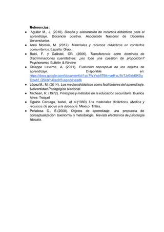 Referencias:
● Aguilar M., J. (2016). Diseño y elaboración de recursos didácticos para el
aprendizaje. Docencia positiva. Asociación Nacional de Docentes
Universitarios.
● Area Moreiro, M. (2012). Materiales y recursos didácticos en contextos
comunitarios. España: Grao.
● Balci, F. y Gallistel, CR. (2006). Transferencia entre dominios de
discriminaciones cuantitativas: ¿es todo una cuestión de proporción?
Psychonomic Bulletin & Review
● Chiappe Laverde, A. (2021). Evolución conceptual de los objetos de
aprendizaje. Disponible en:
https://docs.google.com/document/d/1pb7WYwb8TB4marKwJ1bTJyBxkKKBg
Oxwbf_Q54tYh-0/edit?usp=drivesdk
● López M., M. (2014). Los medios didácticos como facilitadores del aprendizaje.
Universidad Pedagógica Nacional.
● Michean, R. (1972). Principios y métodos en la educación secundaria. Buenos
Aires: Troquel
● Ogalde Careaga, Isabel, et al.(1980) Los materiales didácticos. Medios y
recursos de apoyo a la docencia. México: Trillas.
● Peñalosa C., E.(2008). Objetos de aprendizaje: una propuesta de
conceptualización taxonomía y metodología. Revista electrónica de psicología
Iztacala.
 