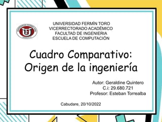 Autor: Geraldine Quintero
C.i: 29.680.721
Profesor: Esteban Torrealba
Cabudare, 20/10/2022
Cuadro Comparativo:
Origen de la ingeniería
 
