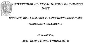 UNIVERSIDAD JUAREZ AUTONOMA DE TABASCO
DACS
DOCENTE: DRA. LAURA DEL CARMEN HERNANDEZ JESUS
MERCADOTECNIA SOCIAL
Ali Janelli Ruiz
ACTIVIDAD: CUADRO COMPARATIVO
 