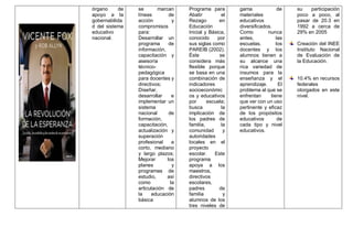 órgano de
apoyo a la
gobernabilida
d del sistema
educativo
nacional.
se marcan
líneas de
acción y
compromisos
para:
Desarrollar un
programa de
información,
capacitación y
asesoría
técnico-
pedagógica
para docentes y
directivos;
Diseñar,
desarrollar e
implementar un
sistema
nacional de
formación,
capacitación,
actualización y
superación
profesional a
corto, mediano
y largo plazos;
Mejorar los
planes y
programas de
estudio, así
como la
articulación de
la educación
básica
Programa para
Abatir el
Rezago en
Educación
Inicial y Básica,
conocido por
sus siglas como
PAREIB (2002).
Éste se
considera más
flexible porque
se basa en una
combinación de
indicadores
socioeconómic
os y educativos
por escuela;
busca la
implicación de
los padres de
familia, la
comunidad y
autoridades
locales en el
proyecto
escolar. Este
programa
apoya a los
maestros,
directivos
escolares,
padres de
familia y
alumnos de los
tres niveles de
gama de
materiales
educativos
diversificados.
Como nunca
antes, las
escuelas, los
docentes y los
alumnos tienen a
su alcance una
rica variedad de
insumos para la
enseñanza y el
aprendizaje. El
problema al que se
enfrentan tiene
que ver con un uso
pertinente y eficaz
de los propósitos
educativos de
cada tipo y nivel
educativos.
su participación
poco a poco, al
pasar de 20.3 en
1992 a cerca de
29% en 2005
Creación del INEE
Instituto Nacional
de Evaluación de
la Educación.
10.4% en recursos
federales
otorgados en este
nivel.
 