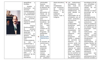 geográficas y
sociales;
_ Ampliar y
diversificar sus
servicios y
complementarlos
con modalidades
no escolarizadas;
_ A la eficacia de
sus acciones,
preservar y
mejorar la calidad
educativa;
_ Integrar
armónicamente
el proceso
educativo con el
desarrollo
económico, sin
generar falsas
expectativas,
pero
comprometiéndo
se con la
productividad; y
_ Reestructurar
su organización
en función de las
necesidades del
país y la
operación de los
servicios
educativos.
individuales.
Supone,
desde luego,
la adopción de
mecanismos
que
aprovechen el
interés de la
sociedad y su
compromiso
para
acrecentar los
beneficios de
este servicio.
Con este
objeto se
contará con el
apoyo del
Programa de
Solidaridad
Social.
EDUCACIÓN
PREESCOLA
R
 El proceso de
transformació
n en la
educación
preescolar
conlleva:
implantar
nuevos
modelos de
atención para
la población
oferta educativa
con
modalidades
que incorporen
de manera
efectiva a los
grupos de
población
urbana, rural e
indígena.
Las instituciones
tecnológicas de
este nivel se
desconcentrarán
académicamente,
estableciendo en
cada plantel un
órgano
responsable de la
vinculación con el
sector productivo,
asociaciones,
colegios de
profesionales y
academias para
actualizar,
conforme a las
necesidades de
sus áreas de
influencia, sus
planes y
programas de
estudio y planear
los servicios de
asesoría y el
servicio social de
los pasantes.
Asimismo, dichos
órganos en cada
plantel tendrán
entre sus tareas
las de coordinar la
dotación de equipo
y mantenimiento
del plantel, pugnar
tecnológica a fin de
que consoliden e
incrementen la
calidad de sus
servicios y
atiendan un mayor
porcentaje de la
demanda
educativa.
Simultáneamente
en acuerdo con los
sectores sociales y
productivos se
ofrecerá asistencia
a los gobiernos de
los estados que se
propongan crear
nuevas
instituciones. Se
inducirá una
política general
que conduzca a la
reordenación
académica y
administrativa al
empleo flexible de
los ingresos
propios a la
desconcentración
académica a la
planeación
concertada; que
facilite la
participación de los
sectores sociales y
 