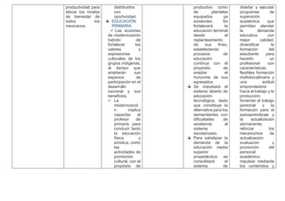 productividad para
elevar los niveles
de bienestar de
todos los
mexicanos.
distribuirlos
con
oportunidad.
EDUCACIÓN
PRIMARIA
 Las acciones
de modernización
habrán de
fortalecer los
valores y
expresiones
culturales de los
grupos indígenas,
al tiempo que
ampliarán sus
espacios de
participación en el
desarrollo
nacional y sus
beneficios.
 La
modernizació
n implica
capacitar al
profesor de
primaria para
conducir tanto
la educación
física y
artística, como
las
actividades de
promoción
cultural, con el
propósito de
productivo como
de planteles
equipados ya
existentes. Se
fortalecerá la
educación terminal
desde el
replanteamiento
de sus fines,
estableciendo
procesos de
educación
continua con el
propósito de
ampliar el
horizonte de sus
egresados.
Se impulsará el
sistema abierto de
educación
tecnológica, dado
que constituye la
alternativa para los
demandantes con
dificultades de
asistencia al
sistema
escolarizado.
Para satisfacer la
demanda de la
educación media
superior
propedéutica se
consolidará el
sistema de
diseñar y ejecutar
programas de
superación
académica que
permitan atender
la demanda
educativa con
mejor calidad;
diversificar la
formación del
estudiante para
hacerlo un
profesional con
características
flexibles formación
multidisciplinaria y
una actitud
emprendedora
hacia el trabajo y la
producción;
fomentar el trabajo
personal y la
formación para el
autoaprendizaje y
la actualización
permanente;
reforzar los
mecanismos de
actualización
evaluación y
promoción del
personal
académico;
impulsar mediante
los contenidos y
 