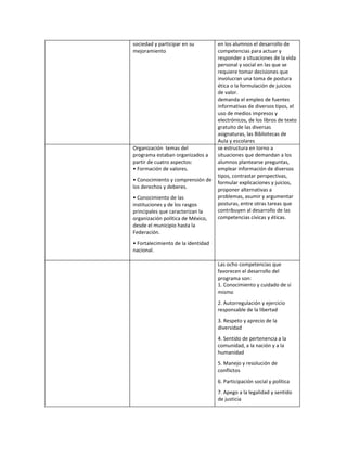 sociedad y participar en su         en los alumnos el desarrollo de
mejoramiento                        competencias para actuar y
                                    responder a situaciones de la vida
                                    personal y social en las que se
                                    requiere tomar decisiones que
                                    involucran una toma de postura
                                    ética o la formulación de juicios
                                    de valor.
                                    demanda el empleo de fuentes
                                    informativas de diversos tipos, el
                                    uso de medios impresos y
                                    electrónicos, de los libros de texto
                                    gratuito de las diversas
                                    asignaturas, las Bibliotecas de
                                    Aula y escolares
Organización temas del              se estructura en torno a
programa estaban organizados a      situaciones que demandan a los
partir de cuatro aspectos:          alumnos plantearse preguntas,
• Formación de valores.             emplear información de diversos
                                    tipos, contrastar perspectivas,
• Conocimiento y comprensión de
                                    formular explicaciones y juicios,
los derechos y deberes.
                                    proponer alternativas a
• Conocimiento de las               problemas, asumir y argumentar
instituciones y de los rasgos       posturas, entre otras tareas que
principales que caracterizan la     contribuyen al desarrollo de las
organización política de México,    competencias cívicas y éticas.
desde el municipio hasta la
Federación.
• Fortalecimiento de la identidad
nacional.

                                    Las ocho competencias que
                                    favorecen el desarrollo del
                                    programa son:
                                    1. Conocimiento y cuidado de sí
                                    mismo
                                    2. Autorregulación y ejercicio
                                    responsable de la libertad
                                    3. Respeto y aprecio de la
                                    diversidad
                                    4. Sentido de pertenencia a la
                                    comunidad, a la nación y a la
                                    humanidad
                                    5. Manejo y resolución de
                                    conflictos
                                    6. Participación social y política
                                    7. Apego a la legalidad y sentido
                                    de justicia
 