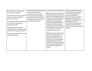 7. La integraciónestrechaentre
contenidosyactividades.
*La selecciónde técnicasymétodos
para la enseñanzainicialde la
lecturay la escritura.
*Reconocerlasexperienciasprevias
de losniñosenrelacióncon la
lenguaoral y escrita.
*Propiciarel desarrollode las
competenciasenel usode lalengua
entodas lasactividadesescolares.
*Utilizarcon la mayorfrecuencialas
actividadesde grupo.
Se llevaráa cabo bajoun enfoque
comunicativoyfuncional
centradoenla comprensióny
transmisiónde significadospor
mediode lalectura,la escrituray
la expresiónoral,ybasadoenla
reflexiónsobre lalengua.
El rol del docente esque debe de.
Mostrar o modelaralosalumnos
lasestrategiasque usaun lectoro
escritorexperimentado,conel fin
de hacer evidenteslasdecisiones
y opcionesque se presentanal
desarrollarestasactividades.
Facilitarel trabajode reflexióny
análisisde losniños,plantear
preguntaso haceraseveraciones
que posibilitenalosniñosfijarse
enun aspectode la lectura.
Ayudara escribiry a leer.
Ayudara los alumnosacentrarse
enlas etapasparticulares,por
ejemplo,laproducciónde un
texto(ensuplaneación,oensu
corrección),oa usarestrategias
específicasdurante lalectura.
Estimulara losalumnosa escribir
y leerde maneraindependiente
sindescuidarlacalidadde su
trabajo.
La relevanciade laactual labor
docente radicaenuna ruptura
con la enseñanzabasadaen
transmitirinformación,
administrartareasy corregirel
trabajode losalumnos.Para
promoverel aprendizajeyel uso
del lenguaje escrito,la
intervencióndocente bajoeste
enfoque supone, entre otros
roles,asumirse comofacilitadory
guía para.
 
