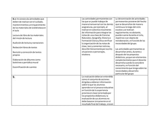 8.se le conoce ala actividadesque
debende realizarconel cuidado,
mantenimientosyenriquecimiento
de losmaterialesde labibliotecaen
el aula
Lectura de librode losmateriales
del rincón de lectura
Audiciónde lecturaynarraciones
Redacciónlibrosde textos
Revisiónycorrecciónde textos
propios
Elaboraciónde álbumescomo
boletinesoperiódicomural
Escenificaciónde cuentos
Las actividadespermanentesson
lasque se puede trabajarde
maneratransversal conlas demás
asignaturas,porejemplo,al
realizarencolectivoresúmenes
de informaciónparaintegrarlas
notasde una clase de Ciencias
Naturales,Geografía,Historiao
FormaciónCívicay Ética verificar
la organizaciónde lasnotas de
clase,leerycomentarnoticias,
describirbrevementeporescrito
situacionesopersonajes,
etcétera.
La denominaciónde actividades
permanentesproviene del hecho
que se desarrollande manera
continuaa lolargo del ciclo
escolary se realizan
regularmente;noobstante,
puedenvariardurante el ciclo,
repetirse oserobjetode
reelaboración,enfunciónde las
necesidadesdel grupo.
Las actividadespermanentesse
desarrollanantes,durante y
despuésde losproyectos
didácticos,yaque sonelementos
complementariosque el docente
desarrollacuandoloconsidere
necesario,enfuncióndel
conocimientoque tengasobre las
necesidadesydesarrollo
particulardel grupo
9. La evaluacióndebeserentendida
como el conjuntode acciones
dirigidasaobtenerinformación
sobre loque los alumnos
aprendenenel procesoeducativo
enfunciónde la experiencia
provistaenclase (orientadapor
lospropósitosdidácticos),la
evaluaciónde susalumnosno
debe basarse únicamente enel
resultadofinal del trabajo,sinoen
 