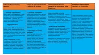 Definición-Representante y
Evolución
Campos de aplicación: Selección
e Inducción de Personal.
Entrenamiento de Persona,
Evaluación del Desempeño, Salud
Ocupacional.
Problemas Organizacionales
Psicología del Consumidor.
La psicología organizacional
Es la rama de la psicología que se encarga
del estudio del comportamiento del ser
humano en el mundo del trabajo y las
organizaciones, a demás de los
fenómenos psicológicos individuales al
interior de las organizaciones.
Representantes
Bryan y Harter 1897. No abogaba por el
estudio en si de problemas existentes en
la industria , sino acentuaba el examen de
habilidades reales como base sobre la cual
desarrollar la psicología científica. Bryan
no se le considera el padre de la psicología
, sino un precursor.
Frank y Lillian Gilbreth. Estaban
preocupados fundamentalmente por la
economía de la producción , y por
consiguiente , por la productividad de los
empleados industriales , contribuyeron
con información novedosa sobre tiempo y
movimiento en la producción industrial .
La psicología ergonómica:
es una disciplina científica o ingeniería
de los factores humanos, de carácter
multidisciplinar, centrada en el sistema
«hombre-máquina» cuyo objetivo está
dirigido hacia la adaptación del
ambiente o condiciones de trabajo al
hombre, a fin de conseguir la mayor
armonía posible entre las condiciones
óptimas de confort y la eficacia
productiva.
La psicología del talento
humando :
El valor agregado del psicólogo en las
organizaciones radica en su
conocimiento especializado de los
procesos básicos en las personas,
desde la perspectiva emocional,
cognitiva y comportamental,
fomentando un desarrollo del talento
de la manera más humana posible,
priorizando el bienestar del trabajador
y su satisfacción laboral para lograr los
objetivos organizacionales
Entrenamiento de persona:
el entrenamiento es la educación profesional
que adapta al hombre para un cargo o
función dentro de una organización, e implica
la transmisión de conocimientos, ya sea
información de la empresa, de sus productos,
servicios, su organización, su política, etc.
Evaluación de desempeño:
La evaluación del desempeño es un proceso
sistemático y periódico de estimación
cuantitativa y cualitativa del grado de eficacia
con el que las personas llevan a cabo las
actividades y responsabilidades de los
puestos que desarrollan.
La evaluación del desempeño es un proceso
integral , sistemático y continuo , en donde se
valoran dos aspectos : el conocimiento
laboral y la productividad del trabajador .
Lleva un proceso que involucra no solo
decisiones, sino personas para ejecutarlas
y recursos que se necesitan y debe
atenderse ya es un factor de suma
importancia en las empresas que conlleva
riesgos, ya que no siempre será fácil
hacerlo. Razón por la cual es necesario
dotarse de buenos elementos de capital
humano y conocer las técnicas,
herramientas y modelos que ayudan para
poder primero identificar los problemas y
posteriormente conocer con certeza los
problemas para así poder poner en
práctica lo que sabemos y llegar tal vez no
a la solución óptima, pero si a la decisión
que nos llevara a la mejor alternativa de
solución al problema.
 