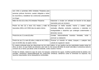 cien (100) a quinientas (500) Unidades Tributarias para
personas jurídicas Asimismo, quedan obligadas a retirar
los escombros y restablecer las condiciones preexistentes
en el lugar.
Multa de cinco (5) a diez (10) Unidades Tributarias Estacionar o circular con vehículos de tracción en las playas
reservadas para uso recreacio
Prisión de tres (3) a doce (12) meses y multa de
trescientos (300) a mil (1000) días de salario mínimo.
Descargar al medio lacustre, marino y costero, aguas
residuales, efluentes, productos, sustancias o materiales no
biodegradables o desechos que contengan contaminantes u
elementos nocivos.
Prisión de uno (1) a seis (6) años Cometer intencionalmente incendios forestales, incitar o
promover su realización.
Prisión de uno (1) a seis (6) años y multa de mil (1.000) a
seis mil (6.000) días de salarlo mínimo.
Provocar un incendio en selvas, bosques o cualquier área
cubierta de vegetación natural.
En materia ambiental todas las infracciones son de orden público, lo que significa que las autoridades pueden actuar de
oficio, es decir, sin que medie una denuncia, pero esto no nos excusa del deber de acudir ante ellas si conocemos sobre la
comisión de un hecho que atenta contra el ambiente, contra nosotros mismos.
Al talar los árboles, destruir la capa de ozono, los bosques, contaminar las aguas, modificar genéticamente las plantas y los
animales, cambiamos desfavorablemente las condiciones climáticas, atentamos contra la diversidad de especies, nos
hacemos responsables de los desequilibrios ambientales.
 