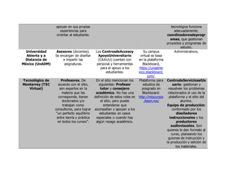 apoyan en sus propias
experiencias para
orientar al estudiante.
tecnológica funcione
adecuadamente;
coordinadoresdeprogr
amas, que gestionan
proyectos y programas de
estudio.
Universidad
Abierta y a
Distancia de
México (UnADM)
Asesores (docentes).
Se encargan de diseñar
e impartir las
asignaturas.
Los CentrosdeAccesoy
ApoyoUniversitario
(CAAUU) cuentan con
personal y herramientas
para el apoyo a los
estudiantes.
Su campus
virtual se basa
en la plataforma
Blackboard,
https://unadme
xico.blackboard.
com/.
Administrativos.
Tecnológico de
Monterrey (TEC
Virtual)
Profesores. De
acuerdo con el sitio,
son expertos en la
materia que les
corresponde, tienen
doctorados y/o
trabajan como
consultores, para lograr
“un perfecto equilibrio
entre teoría y práctica
en todos los cursos”.
En el sitio mencionan los
siguientes: Profesor
tutor y consejero
académico. No hay una
definición de estos roles en
el sitio, pero puede
entenderse que
acompañan y apoyan a los
estudiantes en casos
especiales o cuando hay
algún rezago académico.
Plataforma para
estudios de
posgrado en
Blackboard:
http://miscursos
.itesm.mx/
CentrodeServiciosalUs
uario: gestionan y
resuelven los problemas
relacionados al uso de la
plataforma y el sitio del
alumno.
Equipo de producción:
conformado por los
diseñadores
instruccionales y los
productores
audiovisuales. Son
quienes le dan formato al
curso, planeando los
guiones de instrucción y
la producción y edición de
los materiales.
 