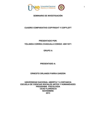 1

SEMINARIO DE INVESTIGACIÓN

CUADRO COMPARATIVO COPYRIGHT Y COPYLEFT

PRESENTADO POR:
YOLANDA CORREA CHAGUALA CODIGO: 40611671

GRUPO A

PRESENTADO A:

ERNESTO ORLANDO PARRA GARZON

UNIVERSIDAD NACIONAL ABIERTA Y A DISTANCIA
ESCUELA DE CIENCIAS SOCIALES ARTES Y HUMANIDADES
PROGRAMA PSICOLOGIA
CEAD FLORENCIA
NOVIEMBRE
2013

 