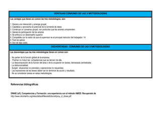 VENTAJAS COMUNES DE LAS 3 METODOLOGÍAS
Las ventajas que tienen en común las tres metodologías, son:
1. Genera una interacción y sinergia grupal;
2. Capitaliza y aprovecha el potencial de la tormenta de ideas;
3. Construye un consenso grupal, con productos que los actores comprenden;
4. Genera la participación de los actores
5. Se enfoca a un desempeño superior
6. Compatible con la visión de que el supervisor es el principal instructor del trabajador; 14
8. Fácil de aplicar
9. Son de bajo costo.
DESVENTADAS COMUNES DE LAS 3 METODOLOGÍAS
Las desventajas que las tres metodologías tienen en común son:
- No parten de la función global de la empresa.
- Podrían no incluir las competencias que se deriven de ella.
- La descomposición de la función del área o de la ocupación en tareas, demasiada centralizada.
- La disfuncionalidad.
- Surgen situaciones no previstas y operaciones no requeridas.
- Las expresiones de las tareas deben ser en términos de acción y resultado.
- No se consideran tareas en estas metodologías.
Referencias bibliográficas
DINAE (s/f). Competencias y Formación: una experiencia con el método AMOD. Recuperado de
http://www.oitcinterfor.org/sites/default/files/edit/docref/proy_cl_dinae.pdf
 