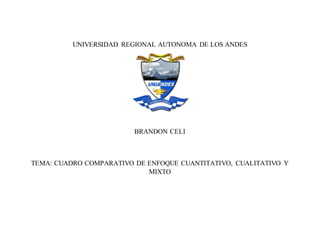 UNIVERSIDAD REGIONAL AUTONOMA DE LOS ANDES
BRANDON CELI
TEMA: CUADRO COMPARATIVO DE ENFOQUE CUANTITATIVO, CUALITATIVO Y
MIXTO
 