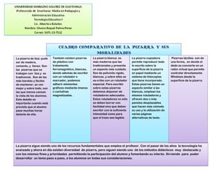 CUADRO COMPARATIVO DE LA PIZARRA Y SUS
MODALIDADES
La pizarra de tiza: pude
ser de madera,
cemento, y lienzo. Son
las pizarras que se
trabajan con tiza y es
tradicional, Son de las
más baratas y fáciles
de mantener, se ven
mejor y sobre todo, son
las que menos cansan
la vista de los alumnos.
Este detalle es
importante cuando está
previsto que el alumno
pase muchas horas
delante de ella.

También existen pizarras
de plástico con
tratamiento
ferromagnético, blancas,
donde además de escribir
con un rotulador o
marcador, podemos
adherir elementos
gráficos mediante imanes
o cartulinas
magnetizadas.

La pizarra blanca: es
más moderna que las
tradicionales y presenta
un aspecto más cuidado.
Son de polivinilo rígido,
blancas, y sobre ellas se
es-cribe con un rotulador
especial. Para escribir
sobre estas pizarras
debemos disponer de
rotuladores adecuados.
Estos rotuladores no sólo
se deben borrar con
facilidad sino que deben
escribir con la suficiente
intensidad como para
que el trazo sea legible.

La pizarra copiadora
permite reproducir todo
lo escrito sobre la
superficie de la pizarra
en papel mediante un
sistema de fotocopias
que tiene incorporado.
Estas pizarras tienen un
aspecto similar a las
blancas, emplean los
mismos rotuladores y
ofrecen dos o más
paneles desplazables
que hacen más cómodo
su uso y la utilización de
varias páginas
alternativas de texto.

Pizarras táctiles son de
una forma, en donde el
dedo se convierte en un
ratón virtual que permite
controlar directamente
Windows desde la
superficie de la pizarra.

La pizarra sigue siendo uno de los recursos fundamentales que emplea el profesor. Con el pasar de los años la tecnología ha
avanzado y ahora en día existen diversidad de pizarra, pero siguen siendo uno de los métodos didácticos muy destacado y
con los mismos fines y prioridades permitiendo la participación del alumno y fomentando su interés. Sirviendo para poder
desarrollar un tema paso a paso, a los alumnos en todas sus consideraciones.

 