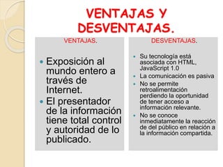 VENTAJAS Y
DESVENTAJAS.
VENTAJAS.
 Exposición al
mundo entero a
través de
Internet.
 El presentador
de la información
tiene total control
y autoridad de lo
publicado.
DESVENTAJAS.
 Su tecnología está
asociada con HTML,
JavaScript 1.0
 La comunicación es pasiva
 No se permite
retroalimentación
perdiendo la oportunidad
de tener acceso a
información relevante.
 No se conoce
inmediatamente la reacción
de del público en relación a
la información compartida.
 