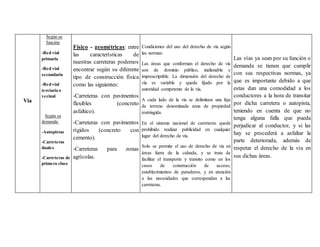 Vía
Según su
función:
-Red vial
primaria
-Red vial
secundaria
-Red vial
terciaria o
vecinal
Según su
demanda:
-Autopistas
-Carreteras
duales
-Carreteras de
primera clase
Físico - geométricas: entre
las características de
nuestras carreteras podemos
encontrar según su diferente
tipo de construcción física
como las siguientes:
-Carreteras con pavimentos
flexibles (concreto
asfaltico).
-Carreteras con pavimentos
rígidos (concreto con
cemento).
-Carreteras para zonas
agrícolas.
Condiciones del uso del derecho de vía según
las normas:
Las áreas que conforman el derecho de vía
son de dominio público, inalienable e
imprescriptible. La dimensión del derecho de
vía es variable y queda fijado por la
autoridad competente de la vía.
A cada lado de la vía se delimitara una faja
de terreno denominada zona de propiedad
restringida.
En el sistema nacional de carreteras queda
prohibido realizar publicidad en cualquier
lugar del derecho de vía.
Solo se permite el uso de derecho de vía en
áreas fuera de la calzada, y se trata de
facilitar el transporte y transito como en los
casos de construcción de acceso,
establecimientos de paraderos, y en atención
a las necesidades que correspondan a las
carreteras.
Las vías ya sean por su función o
demanda se tienen que cumplir
con sus respectivas normas, ya
que es importante debido a que
estas dan una comodidad a los
conductores a la hora de transitar
por dicha carretera o autopista,
teniendo en cuenta de que no
tenga alguna falla que pueda
perjudicar al conductor, y si las
hay se procederá a asfaltar la
parte deteriorada, además de
respetar el derecho de la vía en
sus dichas áreas.
 