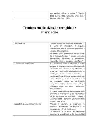 son: explicar, aplicar, e implicar.” (Wagner,
1993) (agyris, 1985; Pokewittz, 1984; Carr y
Kemmis, 1988; Shor, 1980)
Técnicas cualitativas de recogida de
información
Caracterización “Presentan como peculiaridades específicas,
El sujeto en interacción, el lenguaje,
comunicación, captar los hechos personales y
sociales, datos empíricos.
Se interesa por la construcción de los actores
de la realidad, buscan y recogen creencias,
percepciones, opiniones y preferencias,
neutralidad e interés por rasgos específicos.”
La observación participante “La interacción entre investigador y grupos
sociales. Su objetivo es recoger datos de modo
sistemático para situaciones específicas de un
grupo para comprender las situaciones de los
sujetos, experiencias y procesos mentales.
La observación participante puede considerarse
una modalidad de observación que atañe al rol
del observador, puede ser :participación
completa, el participante como observador, el
observador como participante y observador
exclusivamente.
El tipo de observación participante tiene como
propósito la investigación y las circunstancias
de los escenarios de aplicación.” (Goetz y
LeCompte, 1988) ( Bartolomé y Panchón, 1995)
(Patton, 1987:70-107)
Etapas de la observación participante “Acceso al escenario: es importante la
visibilidad, accesibilidad, las políticas y las
estrategias de entrada al escenario.
La visibilidad es el grado de información
explicita. La accesibilidad es la disponibilidad
 