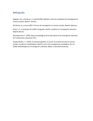 Bibliografía
Delgado, J.M., y Gutiérrez, J. ( coord.)(1994). Métodos y técnicas cualitativas de investigación en
ciencias sociales. Madrid : Síntesis.
Del Rincón, D., y otros (1995). Técnicas de investigación en ciencias sociales. Madrid: Dykinson.
Goetz, J. P., y LeCompte, M. (1992). Etnografía y diseño cualitativo en investigación educativa.
Madrid: Morata.
Hernández Pina, F. (1995). Bases metodológicas de la información de la investigación educativa.
Ed. Fundamentos. Barcelona: PPU.
Pujadas Muños, J. J. (1992). El método biográfico: el uso de las historias de vida en ciencias
sociales. Cuadernos metodológicos. Madrid: centro de investigaciones sociológicas. Ruiz, D.
(1996). Metodología de la investigación cualitativa. Bilbao: universidad de Deusto.
 