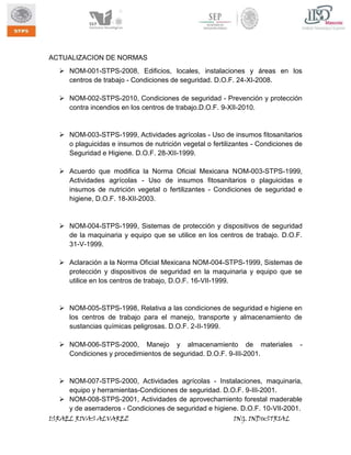 ACTUALIZACION DE NORMAS
 NOM-001-STPS-2008, Edificios, locales, instalaciones y áreas en los
centros de trabajo - Condiciones de seguridad. D.O.F. 24-XI-2008.
 NOM-002-STPS-2010, Condiciones de seguridad - Prevención y protección
contra incendios en los centros de trabajo.D.O.F. 9-XII-2010.

 NOM-003-STPS-1999, Actividades agrícolas - Uso de insumos fitosanitarios
o plaguicidas e insumos de nutrición vegetal o fertilizantes - Condiciones de
Seguridad e Higiene. D.O.F. 28-XII-1999.
 Acuerdo que modifica la Norma Oficial Mexicana NOM-003-STPS-1999,
Actividades agrícolas - Uso de insumos fitosanitarios o plaguicidas e
insumos de nutrición vegetal o fertilizantes - Condiciones de seguridad e
higiene, D.O.F. 18-XII-2003.

 NOM-004-STPS-1999, Sistemas de protección y dispositivos de seguridad
de la maquinaria y equipo que se utilice en los centros de trabajo. D.O.F.
31-V-1999.
 Aclaración a la Norma Oficial Mexicana NOM-004-STPS-1999, Sistemas de
protección y dispositivos de seguridad en la maquinaria y equipo que se
utilice en los centros de trabajo, D.O.F. 16-VII-1999.

 NOM-005-STPS-1998, Relativa a las condiciones de seguridad e higiene en
los centros de trabajo para el manejo, transporte y almacenamiento de
sustancias químicas peligrosas. D.O.F. 2-II-1999.
 NOM-006-STPS-2000, Manejo y almacenamiento de materiales
Condiciones y procedimientos de seguridad. D.O.F. 9-III-2001.

-

 NOM-007-STPS-2000, Actividades agrícolas - Instalaciones, maquinaria,
equipo y herramientas-Condiciones de seguridad. D.O.F. 9-III-2001.
 NOM-008-STPS-2001, Actividades de aprovechamiento forestal maderable
y de aserraderos - Condiciones de seguridad e higiene. D.O.F. 10-VII-2001.
ISRAEL RIVAS ALVAREZ

ING. INDUSTRIAL

 