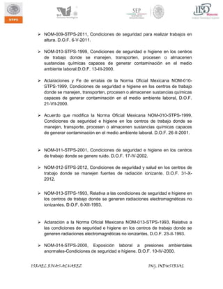  NOM-009-STPS-2011, Condiciones de seguridad para realizar trabajos en
altura. D.O.F. 6-V-2011.
 NOM-010-STPS-1999, Condiciones de seguridad e higiene en los centros
de trabajo donde se manejen, transporten, procesen o almacenen
sustancias químicas capaces de generar contaminación en el medio
ambiente laboral.D.O.F. 13-III-2000.
 Aclaraciones y Fe de erratas de la Norma Oficial Mexicana NOM-010STPS-1999, Condiciones de seguridad e higiene en los centros de trabajo
donde se manejen, transporten, procesen o almacenen sustancias químicas
capaces de generar contaminación en el medio ambiente laboral, D.O.F.
21-VII-2000.
 Acuerdo que modifica la Norma Oficial Mexicana NOM-010-STPS-1999,
Condiciones de seguridad e higiene en los centros de trabajo donde se
manejen, transporte, procesen o almacenen sustancias químicas capaces
de generar contaminación en el medio ambiente laboral. D.O.F. 26-II-2001.

 NOM-011-STPS-2001, Condiciones de seguridad e higiene en los centros
de trabajo donde se genere ruido. D.O.F. 17-IV-2002.
 NOM-012-STPS-2012, Condiciones de seguridad y salud en los centros de
trabajo donde se manejen fuentes de radiación ionizante. D.O.F. 31-X2012.
 NOM-013-STPS-1993, Relativa a las condiciones de seguridad e higiene en
los centros de trabajo donde se generen radiaciones electromagnéticas no
ionizantes. D.O.F. 6-XII-1993.

 Aclaración a la Norma Oficial Mexicana NOM-013-STPS-1993, Relativa a
las condiciones de seguridad e higiene en los centros de trabajo donde se
generen radiaciones electromagnéticas no ionizantes, D.O.F. 23-II-1993.
 NOM-014-STPS-2000, Exposición laboral a presiones ambientales
anormales-Condiciones de seguridad e higiene. D.O.F. 10-IV-2000.
ISRAEL RIVAS ALVAREZ

ING. INDUSTRIAL

 