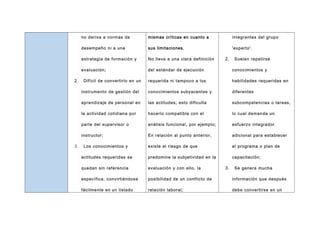 no deriva a normas de

sus limitaciones.

'experto'.

estrategia de formación y

No lleva a una clara definición

evaluación;

del estándar de ejecución

conocimientos y

requerida ni tampoco a los

habilidades requeridas en

instrumento de gestión del

conocimientos subyacentes y

diferentes

aprendizaje de personal en

las actitudes; esto dificulta

subcompetencias o tareas,

la actividad cotidiana por

hacerlo compatible con el

lo cual demanda un

parte del supervisor o

análisis funcional, por ejemplo;

esfuerzo integrador

instructor;
3.

integrantes del grupo

desempeño ni a una

2.

mismas críticas en cuanto a

En relación al punto anterior,

adicional para establecer

existe el riesgo de que

el programa o plan de

actitudes requeridas se

predomine la subjetividad en la

capacitación;

quedan sin referencia

evaluación y con ello, la

específica, convirtiéndose

posibilidad de un conflicto de

información que después

fácilmente en un listado

relación laboral;

debe convertirse en un

Difícil de convertirlo en un

Los conocimientos y

2.

3.

Suelen repetirse

Se genera mucha

 