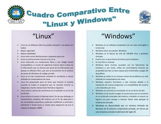 “Linux”Linux es un Software Libre (se puede compartir si se desea con todos)Mayor seguridadMayor estabilidadLinux tiene varias distribuciones o paquetes para uso.Linux es prácticamente inmune a los virus.Linux desarrolla sus conductores libres y con código fuente (compatibles) o a través de ingeniería inversa sobre la base de la información que se ofrecen por parte de los fabricantes que apoyan el software libre, que aún se encuentran en el número de socios de Windows de código cerradoLinux es el más ampliamente utilizado en servidores y menos utilizado en computadoras de mesa.Linux fue proyectado para no tener que reiniciar el sistema (cuando se instala un programa que no necesita reiniciar su máquina) y mucho menos hacer formatos regulares.Linux está en camino de convertirse en el estándar en la era de los 64-bitsLinux ofrece al usuario la libertad total a fin de que obtenga un conocimiento completo del sistema con el fin de adecuarlo a sus necesidades específicas, pudiendo modificarlo a voluntad y realmente ir fundo hasta su núcleo para asegurarse de que el sistema lo obedece 100%“Windows”Windows es un software propietario (el uso está restringido a la licencia)Windows tiene una opción: WindowsWindows es el blanco de más de 100.000 virus y parásitos virtuales.Cuenta con un gran banco de drivers para hardwareEs muy fácil su manejoWindows tiene muchos acuerdos con los fabricantes de hardware y, por tanto, utiliza los controladores binarios de propiedad que dan un buen apoyo para multimedia y juegos 3D de gráficosWindows se utiliza en un número menor de servidores y es más utilizado en computadoras de mesa.Windows requiere formateos y más reinicios debido a la instalación de nuevos programas y la inestabilidad del sistema y los inducidos por virus.Windows se convirtió en el estándar en la era de los 32-bitsWindows no da mucha margen al usuario para que se convierta en un profundo conocedor del sistema, y también el usuario no logrará una gran ventaja si intentar hacer esto porque el sistema es cerrado.Windows es desarrollado por un número limitado de técnicos en el entorno corporativo privado, en forma de una empresa privada tradicional del siglo 20.<br />