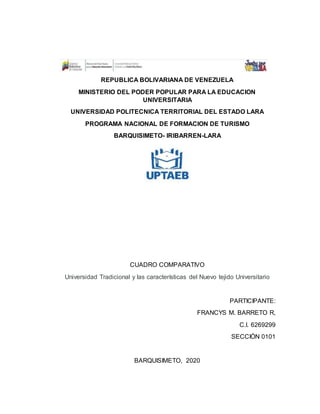 REPUBLICA BOLIVARIANA DE VENEZUELA
MINISTERIO DEL PODER POPULAR PARA LA EDUCACION
UNIVERSITARIA
UNIVERSIDAD POLITECNICA TERRITORIAL DEL ESTADO LARA
PROGRAMA NACIONAL DE FORMACION DE TURISMO
BARQUISIMETO- IRIBARREN-LARA
CUADRO COMPARATIVO
Universidad Tradicional y las caracter�sticas del Nuevo tejido Universitario
PARTICIPANTE:
FRANCYS M. BARRETO R,
C.I. 6269299
SECCI�N 0101
BARQUISIMETO, 2020
 