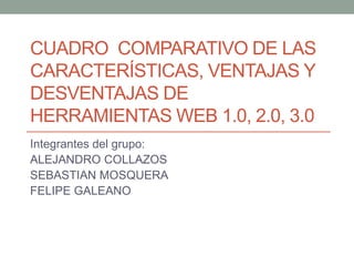 CUADRO COMPARATIVO DE LAS
CARACTERÍSTICAS, VENTAJAS Y
DESVENTAJAS DE
HERRAMIENTAS WEB 1.0, 2.0, 3.0
Integrantes del grupo:
ALEJANDRO COLLAZOS
SEBASTIAN MOSQUERA
FELIPE GALEANO
 