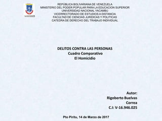REPÚBLICA BOLIVARIANA DE VENEZUELA
MINISTERIO DEL PODER POPULAR PARA LA EDUCACION SUPERIOR
UNIVERSIDAD NACIONAL YACAMBÚ
VICERRECTORADO DE ESTUDIOS A DISTANCIA
FACULTAD DE CIENCIAS JURÍDICAS Y POLITICAS
CATEDRA DE DERECHO DEL TRABAJO INDIVIDUAL
DELITOS CONTRA LAS PERSONAS
Cuadro Comparativo
El Homicidio
Autor:
Rigoberto Buelvas
Correa
C.I: V-16.946.025
Pto Piritu, 14 de Marzo de 2017
 
