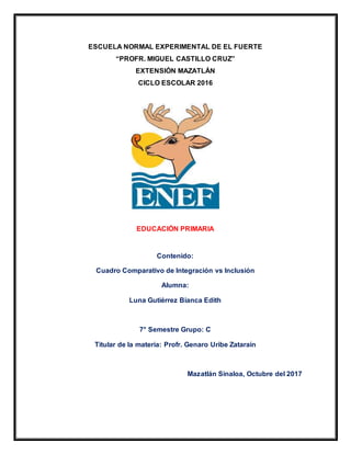 ESCUELA NORMAL EXPERIMENTAL DE EL FUERTE
“PROFR. MIGUEL CASTILLO CRUZ”
EXTENSIÓN MAZATLÁN
CICLO ESCOLAR 2016
EDUCACIÓN PRIMARIA
Contenido:
Cuadro Comparativo de Integración vs Inclusión
Alumna:
Luna Gutiérrez Bianca Edith
7° Semestre Grupo: C
Titular de la materia: Profr. Genaro Uribe Zataraín
Mazatlán Sinaloa, Octubre del 2017
 