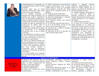 fundamentalmente las relacionadas con
la propiedad privada y la libre actividad
económica.
Acude jamás ante el Fondo
Monetario Internacional (FMI), debió
hacerlo ante la crisis económica.
Las entidades financieras en
bancarrota por la fuga de capitales y las
afectadas por prácticas especulativas
iban a ser intervenidas y saneadas por el
Estado, y de hecho el Banco Central de
Venezuela (BCV) anunció la suspensión
inmediata de todas sus operaciones de
compra-venta de dólares. Dado lo
extraordinario de la situación, las
medidas fueron toleradas por los medios
de comunicación y la comunidad
internacional, pero no por el pueblo
venezolano.
Se liberalizaron los tipos de interés
(el IVA ), el proceso de privatización de
los activos del Estado y se avocó a la
disciplina en el gasto público.
Proceso de apertura petrolera que
muchos catalogaron como el preludio a
la privatización del sector; sin embargo
se llevó a cabo aglutinando esfuerzos
del sector privado, nacional e
internacional, para la explotación,
exploración y refinamiento de petróleo
y gas natural.
La crisis mundial en los mercados
del crudo influyó negativamente en este
proceso.
Debido a diferencias con partidos de la
coalición gubernamental como el MAS,
Caldera buscó el apoyo de la principal
fuerza legislativa el partido AD, donde
algunos de sus miembros entraron en su
gabinete.
Libertad a Carlos Andrés Pérez.
Expulsión de Claudio Fermín de AD.
Elecciones parlamentarias y regionales
del 8 de noviembre de 1998.
El Chavismo emerge como primera
fuerza política.
El “vale todo” electoral contra Chavez.
El 27 de noviembre, el CEN, de AD
retira su apoyo a Luis Alfaro Ucero.
Apoyo de AD, y COPEI al candidato
Henrique Salas Romer.
Elecciones de del 6 de diciembre de
1998. Triunfo de Hugo Chávez.
medianas y pequeñas empresas
quebraron, fundamentalmente por el
control de cambio impuesto por el
gobierno, que dificulta la obtención de
divisas para adquirir insumos.
Comisión tripartita, conformada por
el sector empresarial, laboral y
Gobierno, asumieron la reforma del
régimen de prestaciones sociales, tras la
revisión profunda de la Ley Orgánica
del Trabajo.
Visita del Papa Juan Pablo II
La labor de la comisión tripartita
quedó plasmada en un sistema de
prestaciones sociales que preveía, entre
otras cosas, su pago anual y no al cese
del desempeño laboral como se hacía
anteriormente; al mismo tiempo, se
establecieron cinco subsistemas de
seguridad social con la finalidad de
mejorar la actividad del Ejecutivo en la
resolución de los problemas básicos de
los trabajadores venezolanos.
QUINTA (V) REPUBLICA
Hugo Chávez.
1999- Hasta la
actualidad
Decretos sobre Impuesto sobre la
Agregado (IVA), reforma del Impuesto
sobre la Renta, reorganización del
SENIAT y otros entes oficiales.
Manejo de la deuda pública.
pago de la deuda externa.
Control de la inflación para crecer
económicamente.
Liderazgos emergentes Movimiento
Quinta Republica (MVR), Proyecto
Venezuela.
Polo Patriótico integrado por MVR,
MAS y PPT.
Revolución Bolivariana basada en su
proyecto socialismo del siglo XXI.
Poder Constituyente". Se realizó el
Reformas al Seguro Social y
Ministerios.
Creación de Escuelas Bolivarianas.
Creación de diversas Leyes a través
de la segunda Ley Habilitantes, que
abarca los sectores Sociales como lo
son: infraestructura, transporte y
servicios, seguridad y jurídico, la
 