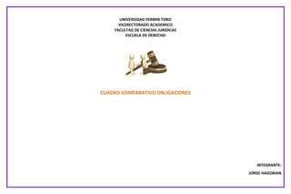 UNIVERSIDAD FERMIN TORO
VICERECTORADO ACADEMICO
FACULTAD DE CIENCIAS JURIDICAS
ESCUELA DE DERECHO
CUADRO COMPARATIVO OBLIGACIONES
INTEGRANTE:
JORGE HAGOBIAN
 