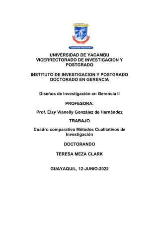 UNIVERSIDAD DE YACAMBU
VICERRECTORADO DE INVESTIGACION Y
POSTGRADO
INSTITUTO DE INVESTIGACION Y POSTGRADO
DOCTORADO EN GERENCIA
Diseños de Investigación en Gerencia II
PROFESORA:
Prof. Elsy Vianelly González de Hernández
TRABAJO
Cuadro comparativo Métodos Cualitativos de
Investigación
DOCTORANDO
TERESA MEZA CLARK
GUAYAQUIL, 12-JUNIO-2022
 