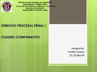 Integrante:
Yenifer Suarez
CI: 23,48,674
REPUBLICA BOLIVARIANA DE VENEZUELA
UNIVERSIDAD “FERMÍN TORO”
FACULTAD DE CIENCIAS JURÍDICAS Y POLÍTICAS
ESCUELA DE DERECHO
BARQUISIMETO-ESTADO LARA
DERECHO PROCESAL PENAL I
CUADRO COMPARATIVO
 