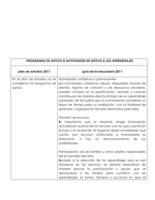 PROGRAMAS DE APOYO O ACTIVIDADES DE APOYO A LOS APRENDIZAJES
plan de estudios 2011

guía de la educadora 2011

En el plan de estudios no se Actividades cotidianas o permanentes
consideran los programas de Las actividades cotidianas: saludo, despedida, lavado de
apoyo.
dientes, ingesta de colación o de desayunos escolares,
pueden incluirse en la planificación, siempre y cuando
contribuyan de manera directa al logro de un aprendizaje
esperado. De tal suerte que es conveniente considerar un
lapso de tiempo para su realización, con la finalidad de
optimizar y organizar los tiempos destinados para ellas.
Previsión de recursos
Es importante que el docente tenga información
actualizada acerca de los recursos con los que cuenta en
el aula y en el plantel. Al respecto debe considerarse que
contar con recursos sofisticados e innovadores es
irrelevante, si hay un desconocimiento de sus
posibilidades.
Participación de las familias y otros adultos responsables
de la atención del niño
Aunado a la selección de los aprendizajes que se van
favorecer en los alumnos, se deberá especificar de
manera precisa la participación y apoyo que se
demandará a las familias para contribuir con los
aprendizajes: la forma, tiempos y acciones en que se

 