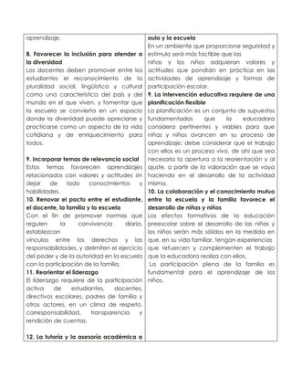 aprendizaje.
8. Favorecer la inclusión para atender a
la diversidad
Los docentes deben promover entre los
estudiantes el reconocimiento de la
pluralidad social, lingüística y cultural
como una característica del país y del
mundo en el que viven, y fomentar que
la escuela se convierta en un espacio
donde la diversidad puede apreciarse y
practicarse como un aspecto de la vida
cotidiana y de enriquecimiento para
todos.
9. Incorporar temas de relevancia social
Estos temas favorecen aprendizajes
relacionados con valores y actitudes sin
dejar
de
lado
conocimientos
y
habilidades.
10. Renovar el pacto entre el estudiante,
el docente, la familia y la escuela
Con el fin de promover normas que
regulen
la
convivencia
diaria,
establezcan
vínculos entre los derechos y las
responsabilidades, y delimiten el ejercicio
del poder y de la autoridad en la escuela
con la participación de la familia.
11. Reorientar el liderazgo
El liderazgo requiere de la participación
activa
de
estudiantes,
docentes,
directivos escolares, padres de familia y
otros actores, en un clima de respeto,
corresponsabilidad,
transparencia
y
rendición de cuentas.
12. La tutoría y la asesoría académica a

aula y la escuela
En un ambiente que proporcione seguridad y
estímulo será más factible que las
niñas y los niños adquieran valores y
actitudes que pondrán en práctica en las
actividades de aprendizaje y formas de
participación escolar.
9. La intervención educativa requiere de una
planificación flexible
La planificación es un conjunto de supuestos
fundamentados
que
la
educadora
considera pertinentes y viables para que
niñas y niños avancen en su proceso de
aprendizaje; debe considerar que el trabajo
con ellos es un proceso vivo, de ahí que sea
necesaria la apertura a la reorientación y al
ajuste, a partir de la valoración que se vaya
haciendo en el desarrollo de la actividad
misma.
10. La colaboración y el conocimiento mutuo
entre la escuela y la familia favorece el
desarrollo de niñas y niños
Los efectos formativos de la educación
preescolar sobre el desarrollo de las niñas y
los niños serán más sólidos en la medida en
que, en su vida familiar, tengan experiencias
que refuercen y complementen el trabajo
que la educadora realiza con ellos.
La participación plena de la familia es
fundamental para el aprendizaje de los
niños.

 