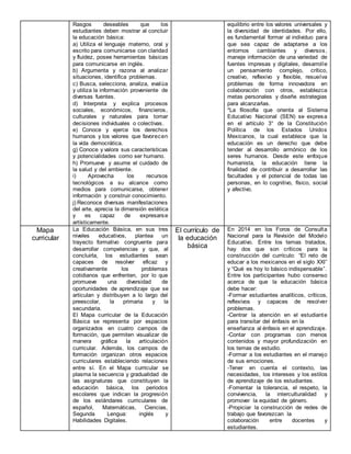 Rasgos deseables que los
estudiantes deben mostrar al concluir
la educación básica:
a) Utiliza el lenguaje materno, oral y
escrito para comunicarse con claridad
y fluidez, posee herramientas básicas
para comunicarse en inglés.
b) Argumenta y razona al analizar
situaciones, identifica problemas.
c) Busca, selecciona, analiza, evalúa
y utiliza la información proveniente de
diversas fuentes.
d) Interpreta y explica procesos
sociales, económicos, financieros,
culturales y naturales para tomar
decisiones individuales o colectivas.
e) Conoce y ejerce los derechos
humanos y los valores que favorecen
la vida democrática.
g) Conoce y valora sus características
y potencialidades como ser humano.
h) Promueve y asume el cuidado de
la salud y del ambiente.
i) Aprovecha los recursos
tecnológicos a su alcance como
medios para comunicarse, obtener
información y construir conocimiento.
j) Reconoce diversas manifestaciones
del arte, aprecia la dimensión estética
y es capaz de expresarse
artísticamente.
equilibrio entre los valores universales y
la diversidad de identidades. Por ello,
es fundamental formar al individuo para
que sea capaz de adaptarse a los
entornos cambiantes y diversos,
maneje información de una variedad de
fuentes impresas y digitales, desarrolle
un pensamiento complejo, crítico,
creativo, reflexivo y flexible, resuelva
problemas de forma innovadora en
colaboración con otros, establezca
metas personales y diseñe estrategias
para alcanzarlas.
*La filosofía que orienta al Sistema
Educativo Nacional (SEN) se expresa
en el artículo 3° de la Constitución
Política de los Estados Unidos
Mexicanos, la cual establece que la
educación es un derecho que debe
tender al desarrollo armónico de los
seres humanos. Desde este enfoque
humanista, la educación tiene la
finalidad de contribuir a desarrollar las
facultades y el potencial de todas las
personas, en lo cognitivo, físico, social
y afectivo.
Mapa
curricular
La Educación Básica, en sus tres
niveles educativos, plantea un
trayecto formativo congruente para
desarrollar competencias y que, al
concluirla, los estudiantes sean
capaces de resolver eficaz y
creativamente los problemas
cotidianos que enfrenten, por lo que
promueve una diversidad de
oportunidades de aprendizaje que se
articulan y distribuyen a lo largo del
preescolar, la primaria y la
secundaria.
El Mapa curricular de la Educación
Básica se representa por espacios
organizados en cuatro campos de
formación, que permiten visualizar de
manera gráfica la articulación
curricular. Además, los campos de
formación organizan otros espacios
curriculares estableciendo relaciones
entre sí. En el Mapa curricular se
plasma la secuencia y gradualidad de
las asignaturas que constituyen la
educación básica, los periodos
escolares que indican la progresión
de los estándares curriculares de
español, Matemáticas, Ciencias,
Segunda Lengua: inglés y
Habilidades Digitales.
El currículo de
la educación
básica
En 2014 en los Foros de Consulta
Nacional para la Revisión del Modelo
Educativo. Entre los temas tratados,
hay dos que son críticos para la
construcción del currículo: “El reto de
educar a los mexicanos en el siglo XXI”
y “Qué es hoy lo básico indispensable”.
Entre los participantes hubo consenso
acerca de que la educación básica
debe hacer:
-Formar estudiantes analíticos, críticos,
reflexivos y capaces de resolver
problemas.
-Centrar la atención en el estudiante
para transitar del énfasis en la
enseñanza al énfasis en el aprendizaje.
-Contar con programas con menos
contenidos y mayor profundización en
los temas de estudio.
-Formar a los estudiantes en el manejo
de sus emociones.
-Tener en cuenta el contexto, las
necesidades, los intereses y los estilos
de aprendizaje de los estudiantes.
-Fomentar la tolerancia, el respeto, la
convivencia, la interculturalidad y
promover la equidad de género.
-Propiciar la construcción de redes de
trabajo que favorezcan la
colaboración entre docentes y
estudiantes.
 