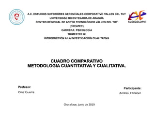 CUADRO COMPARATIVO
METODOLOGIA CUANTITATIVA Y CUALITATIVA.
Participante:
Andres, Elizabet.
A.C. ESTUDIOS SUPERIORES GERENCIALES CORPORATIVO VALLES DEL TUY
UNIVERSIDAD BICENTENARIA DE ARAGUA
CENTRO REGIONAL DE APOYO TECNOLÓGICO VALLES DEL TUY
(CREATEC)
CARRERA: PSICOLOGÍA
TRIMESTRE IX
INTRODUCCIÓN A LA INVESTIGACIÓN CUALITATIVA
Charallave, junio de 2019
Profesor:
Cruz Guerra.
 