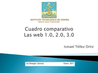 Cuadro comparativo  Las web 1.0, 2.0, 3.0 Ismael Téllez Ortiz Cd Obregón, Sonora.                                     Enero  2011 