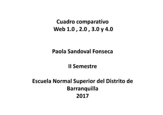 Cuadro comparativo
Web 1.0 , 2.0 , 3.0 y 4.0
Paola Sandoval Fonseca
II Semestre
Escuela Normal Superior del Distrito de
Barranquilla
2017
 