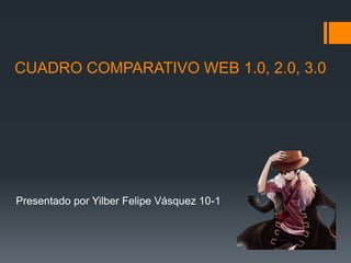 CUADRO COMPARATIVO WEB 1.0, 2.0, 3.0
Presentado por Yilber Felipe Vásquez 10-1
 