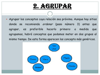 2. Agrupar
 Agrupar los conceptos cuya relación sea próxima. Aunque hay sitios

  donde se recomienda ordenar (paso número 3) antes que
  agrupar,   es   preferible   hacerlo   primero:   a   medida   que
  agrupamos, habrá conceptos que podamos meter en dos grupos al
  mismo tiempo. De esta forma aparecen los concepto más genéricos.
 