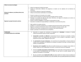 Utilizar las nuevas tecnologías
Afrontar los deberes y los dilemas éticos de la
profesión
Organizar la propia formación continua
 Utilizar los programas de edición de textos.
 Explotar los potenciales didácticos de programas en relación con los objetivos de los dominios de
enseñanza.
 Comunicarse a distancia a través de la telemática.
 Utilizar los instrumentos multimedia en la enseñanza.
 Prevenir la violencia en la escuela o en la ciudad.
 Luchar contra los prejuicios y las discriminaciones sexuales, étnicas y sociales.
 Participar en la creación de reglas de vida común referentes a las reglas de la disciplina en el centro, las
sanciones, la apreciación de la conducta.
 Analizar la relación pedagógica, la autoridad, la comunicación en clase.
 Desarrollar el sentido de la responsabilidad, la solidaridad, el sentimiento de justicia.
 Saber explicitar las propias prácticas.
 Establecer un control de competencias y un programa personal de formación continua propios.
 Negociar un proyecto de formación común con los compañeros (esquipo, escuela, red).
 Implicarse en las tareas a nivel general de la enseñanza o del sistema educativo.
 Aceptar y participar en la formación de los compañeros.
FLORESCANO
LA FUNCION SOCIAL DE LA HISTORIA
• Desarrollar un proyecto de convivencia en búsqueda de la identidad, la cohesión, el sentido
colectivo promoviendo valores sociales compartidos.
• Comprender lo extraño y lo diferente. Conocimiento del otro. Acercarse a lo extraño y remoto,
reconocer al otro, a sus experiencias, pues acercarse a otro es aceptar la diversidad, y surge el
propósito de justicia, deber, obligación hacia el otro.
• Dar permanencia a lo que se desvanece, a los momentos de la temporalidad. La historia analiza los
cambios de las sociedades y los individuos en el tiempo, los cambios en las vidas. La historia revisa el
cambio y la transformación.
• Encontrarse con lo irrepetible. Nos ofrece las huellas humanas que no envejecen, hace análisis en
tiempo y lugar que le dan singularidad a los hechos. La historia da cuenta de la fugacidad.
• Presentar el pasado como historia contemporánea, pues el historiador interroga desde el presente,
lo que provoca irremediablemente que se vuelvan los ojos hacia los sucesos pasados con las
preguntas formuladas en la actualidad.
• No usar a la historia como maestra de la vida para evitar cometer los mismos errores al analizar los
hechos históricos que han conducido a tal o cual resultado. Aún así se puede aprender de los hechos
 