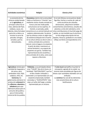 Actividades económicas                     Religión                                 Ciencia y Arte


   La economía de los        Chamánica: dentro de la comunidad         En el arte Olmeca se encuentran desde
 olmecas estaba basada       había un hechicero o "chamán" que          figurillas, hachas y cuentas de jade así
   en la agricultura, el     mediante ciertos rituales entraba en             como esculturas de colosales
 principal cultivo fue el        trance y de este modo podía               dimensiones, adquirieron también
 maíz, además del frijol,      comunicarse con los espíritus. El      conocimientos astronómicos, estudios de
  calabaza, cacao, etc.           chamán, se pensaba, podía              planetas y ciclos del calendario, entre
Además, éstos formaban      convertirse en un animal (nahual) con     otras contribuciones el ritual del juego de
  parte de su dieta y se      poderes sobrenaturales. Se piensa        pelota, se cree también que la escritura,
   incluían la carne de      que los olmecas creían en algún tipo          la más antigua descripción de tres
    pescado, tortugas,       de existencia después de la muerte.      Zapotes, Veracruz, grabada en una estela,
     venados y perros        En la cultura olmeca se dio el culto a    refleja una fecha correspondiente al 31
      domesticados.             ciertos animales de su entorno                             a.C.
                            natural, como el jaguar y la serpiente.
                                A partir de éstos, inventaron un
                               animal fantástico, una especie de
                              serpiente con garras. También hay
                               representaciones de cocodrilos y
                            otros animales de la selva, como aves
                                      rapaces y tiburones.




 Agricultura; tenían gran    Politeísta, y sus principales dioses    El arte mural ejemplifica muy bien la
 cantidad de magueyes y eran "TLALOC" dios de la lluvia y la         concepción sagrada de la ciudad. Las
      de cactus, pero       fertilidad; "QUETZALCOATL" que fue escenas están presididas por figuras de
  sembraban maíz, fríjol,         el dios creador civilizador y   dioses o por sacerdotes ataviados con sus
    calabaza, chile, etc.  sostenedor y se representaba con una                    atributos.
       Comercio; los           serpiente emplumada; también         La cerámica fue uno de los elementos
gobernantes alentaron la veneraban a "HUEHUETEOTL" dios                 más característicos de la cultura
 producción artesanal de viejo y el señor del fuego, y estaba                   teotihuacana.
los alfareros, ebanistas y      representado por un anciano.
   talladores para que
 fabricaran piezas para el
  consumo del pueblo y
    para el intercambio
comercial de los pueblos.
 