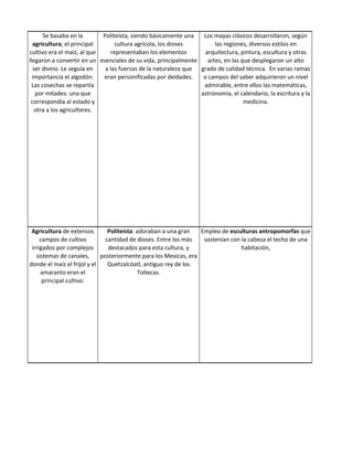 Se basaba en la      Politeísta, siendo básicamente una    Los mayas clásicos desarrollaron, según
  agricultura; el principal      cultura agrícola, los dioses          las regiones, diversos estilos en
cultivo era el maíz, al que    representaban los elementos         arquitectura, pintura, escultura y otras
llegaron a convertir en un esenciales de su vida, principalmente    artes, en las que desplegaron un alto
  ser divino. Le seguía en   a las fuerzas de la naturaleza que grado de calidad técnica. En varias ramas
  importancia el algodón.   eran personificadas por deidades.     o campos del saber adquirieron un nivel
  Las cosechas se repartía                                        admirable, entre ellos las matemáticas,
   por mitades: una que                                          astronomía, el calendario, la escritura y la
 correspondía al estado y                                                          medicina.
   otra a los agricultores.




 Agricultura de extensos        Politeísta: adoraban a una gran   Empleo de esculturas antropomorfas que
     campos de cultivo         cantidad de dioses. Entre los más   sostenían con la cabeza el techo de una
 irrigados por complejos        destacados para esta cultura, y                  habitación,
   sistemas de canales,      posteriormente para los Mexicas, era
donde el maíz el frijol y el    Quetzalcóatl, antiguo rey de los
     amaranto eran el                       Toltecas.
      principal cultivo.
 