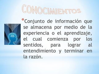 CONOCIMIENTOSConjunto de información que se almacena por medio de la experiencia o el aprendizaje, el cual comienza por los sentidos, para lograr al entendimiento y terminar en la razón.