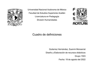 Universidad Nacional Autónoma de México
Facultad de Estudios Superiores Acatlán
Licenciatura en Pedagogía
División Humanidades
Cuadro de definiciones
Gutierrez Hernández, Suenmi Monserrat
Diseño y Elaboración de recursos didácticos
Grupo 1503
Fecha: 19 de agosto del 2022
 