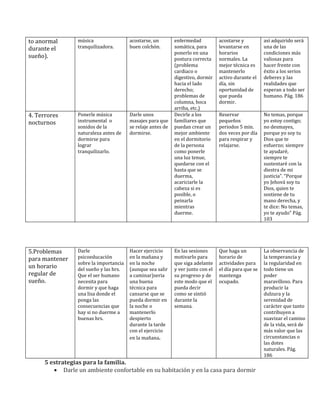 to anormal      música                 acostarse, un        enfermedad           acostarse y          así adquirido será
durante el      tranquilizadora.       buen colchón.        somática, para       levantarse en        una de las
                                                            ponerlo en una       horarios             condiciones más
sueño).                                                     postura correcta     normales. La         valiosas para
                                                            (problema            mejor técnica es     hacer frente con
                                                            cardiaco o           mantenerlo           éxito a los serios
                                                            digestivo, dormir    activo durante el    deberes y las
                                                            hacia el lado        día, sin             realidades que
                                                            derecho;             oportunidad de       esperan a todo ser
                                                            problemas de         que pueda            humano. Pág. 186
                                                            columna, boca        dormir.
                                                            arriba, etc.)
4. Terrores     Ponerle música         Darle unos           Decirle a los        Reservar             No temas, porque
nocturnos       instrumental o         masajes para que     familiares que       pequeños             yo estoy contigo;
                sonidos de la          se relaje antes de   puedan crear un      periodos 5 min.      no desmayes,
                naturaleza antes de    dormirse.            mejor ambiente       dos veces por día    porque yo soy tu
                dormirse para                               en el dormitorio     para respirar y      Dios que te
                lograr                                      de la persona        relajarse.           esfuerzo; siempre
                tranquilizarlo.                             como ponerle                              te ayudaré,
                                                            una luz tenue,                            siempre te
                                                            quedarse con el                           sustentaré con la
                                                            hasta que se                              diestra de mi
                                                            duerma,                                   justicia”. “Porque
                                                            acariciarle la                            yo Jehová soy tu
                                                            cabeza si es                              Dios, quien te
                                                            posible, o                                sostiene de tu
                                                            peinarla                                  mano derecha, y
                                                            mientras                                  te dice: No temas,
                                                            duerme.                                   yo te ayudo” Pág.
                                                                                                      103




5.Problemas     Darle                  Hacer ejercicio      En las sesiones      Que haga un          La observancia de
para mantener   psicoeducación         en la mañana y       motivarlo para       horario de           la temperancia y
                sobre la importancia   en la noche          que siga adelante    actividades para     la regularidad en
un horario      del sueño y las hrs.   (aunque sea salir    y ver junto con el   el día para que se   todo tiene un
regular de      Que el ser humano      a caminar)seria      su progreso y de     mantenga             poder
sueño.          necesita para          una buena            este modo que el     ocupado.             maravilloso. Para
                dormir y que haga      técnica para         pueda decir                               producir la
                una lisa donde el      cansarse que se      como se sintió                            dulzura y la
                ponga las              pueda dormir en      durante la                                serenidad de
                consecuencias que      la noche o           semana.                                   carácter que tanto
                hay si no duerme a     mantenerlo                                                     contribuyen a
                buenas hrs.            despierto                                                      suavizar el camino
                                       durante la tarde                                               de la vida, será de
                                       con el ejercicio                                               más valor que las
                                       en la mañana.                                                  circunstancias o
                                                                                                      las dotes
                                                                                                      naturales. Pág.
                                                                                                      186
     5 estrategias para la familia.
        • Darle un ambiente confortable en su habitación y en la casa para dormir
 