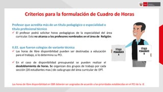 Criterios para la formulación de Cuadro de Horas
Profesor que acredita más de un título pedagógico o especialidad o
título profesionaltécnico
 El profesor podrá solicitar horas pedagógicas de la especialidad del área
curricular. Esto no alcanza a los profesores nombrados en el área de Religión.
II.EE. que fueron colegios de variante técnica
 Las horas de libre disponibilidad pueden ser destinadas a educación
para el trabajo, si lo determina su PCI.
 En el caso de disponibilidad presupuestal se pueden realizar el
desdoblamiento de horas. Se organizan dos grupos de trabajo por cada
sección (20 estudiantes max.) de cada grupo del área curricular de EPT.
Las horas de libre disponibilidad en EBR deberán ser asignadas de acuerdo a las prioridades establecidas en el PCI de la IE
 