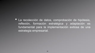 La recolección de datos, comprobación de hipótesis,  reflexión, formación estratégica y adaptación es fundamental para la implementación exitosa de una estrategia empresarial. 20
